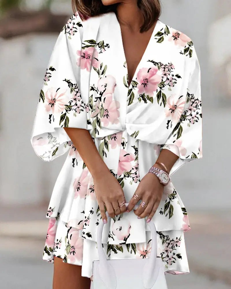Casual V Neck Bat Sleeves Short Dresses