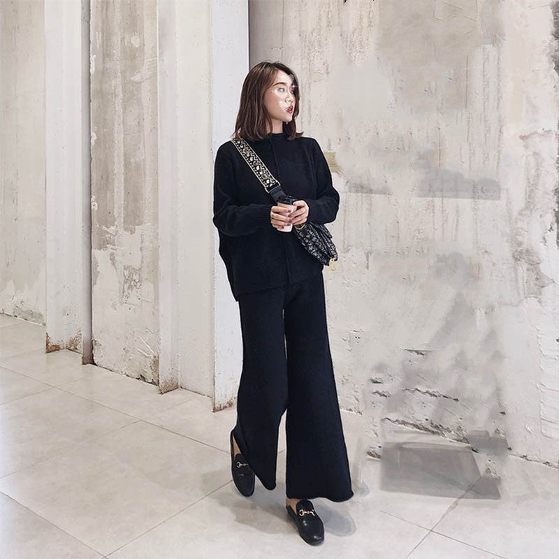 Casual Turnover Collar Two Pieces Knitted Suits for Women