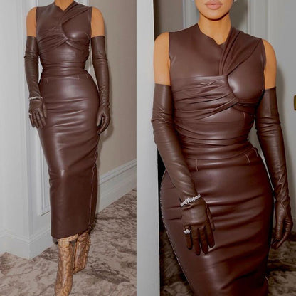 Vintage Irregular PU Leather Sleeveless Long Dresses