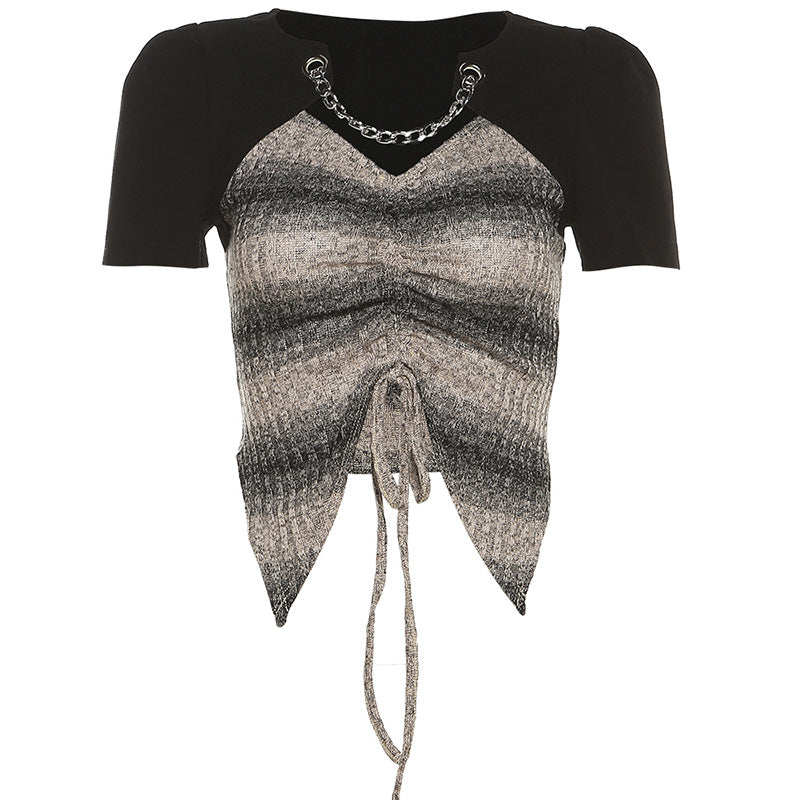 Fashion Drawstring V Neck Short Sleeves T Shirts