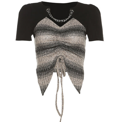 Fashion Drawstring V Neck Short Sleeves T Shirts