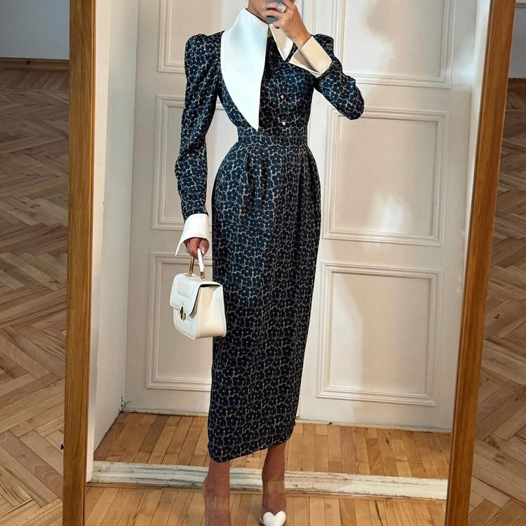 Designer Print Lapel Collar Bodycon Maxi Dress