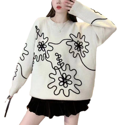 Fashion  3D Flowers Round Neck Knitted Sweaters