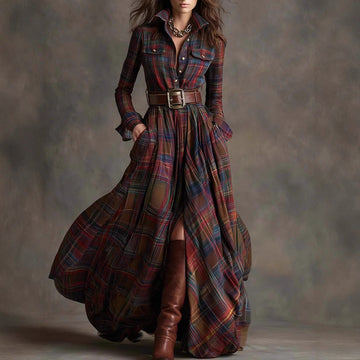 Plus Size French Vintage Plaid Slimming Irregular Hem Dress