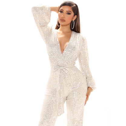 Fashion Sequined V Neck Long Sleeves Tops and Pants