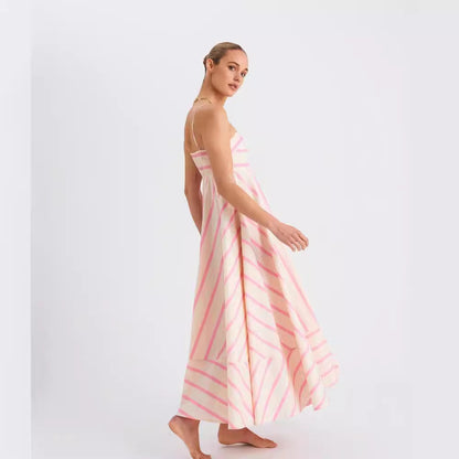 Summer Pink Striped Sleeveless Long Dresses