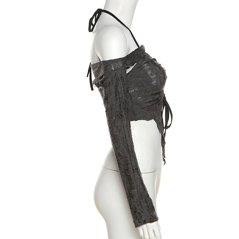 Fashion Gray Off The Shoulder Halter Short Shirts