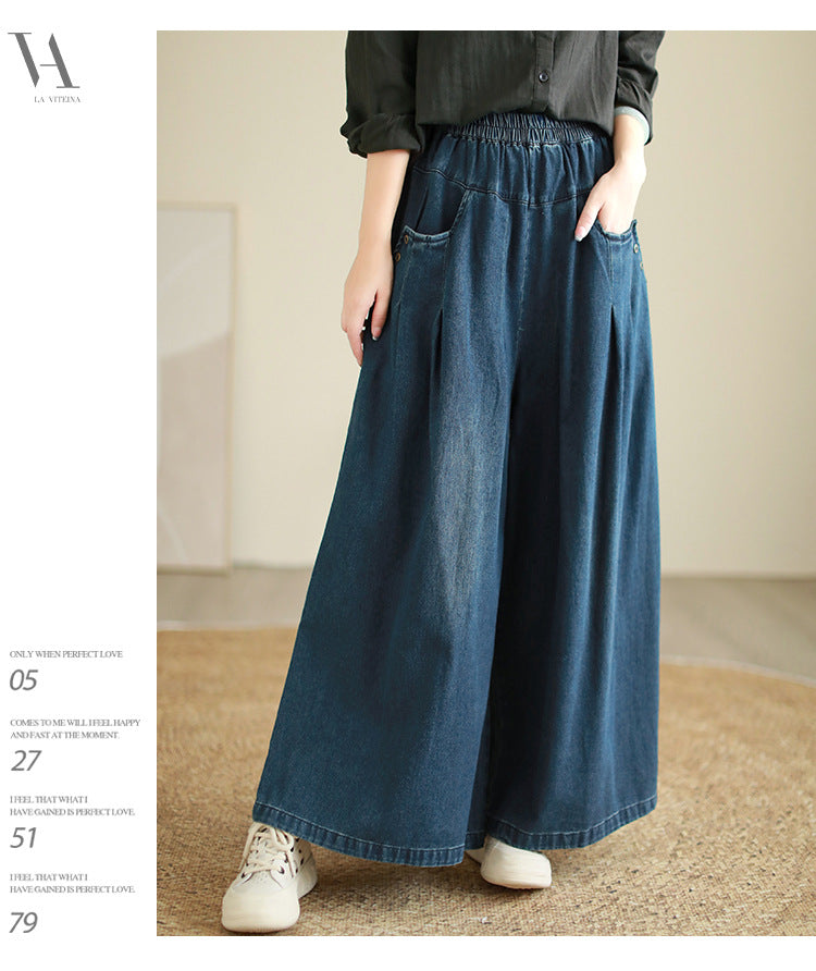 Casual Elastic Waist Fall Wide Legs Jeans for Women