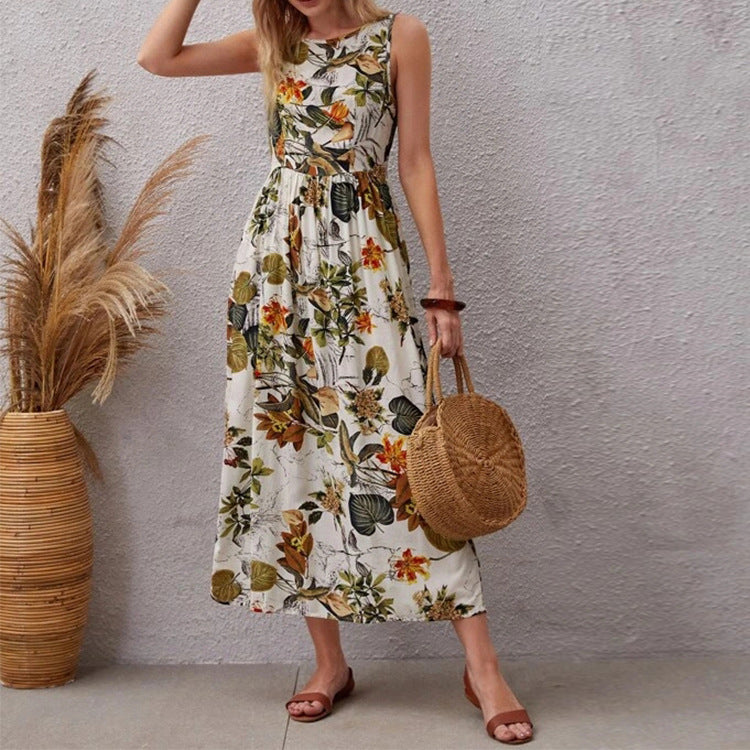 Fashion Floral Print Sleeveless Summer Long Dresses