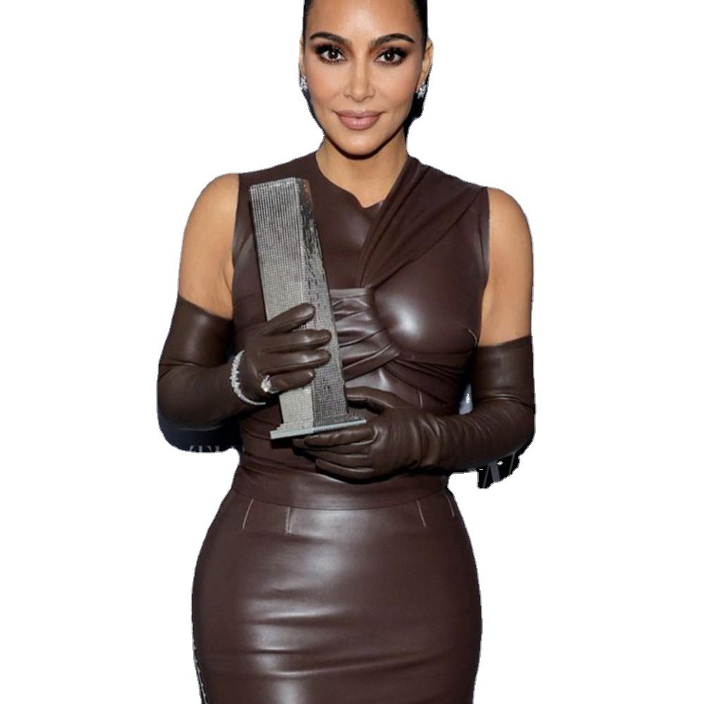 Vintage Irregular PU Leather Sleeveless Long Dresses