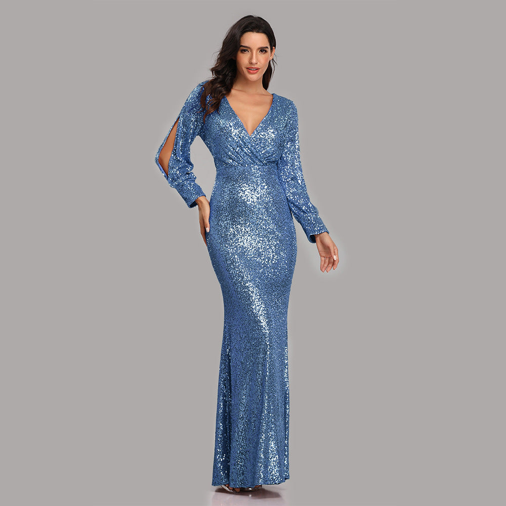 Sexy V Neck Sequined Mermaid Evening Dresses