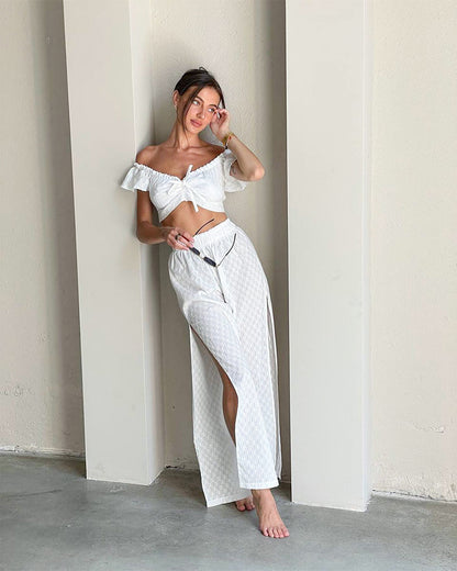 Sexy Designed Ruffled White Two Pieces Sets for Women