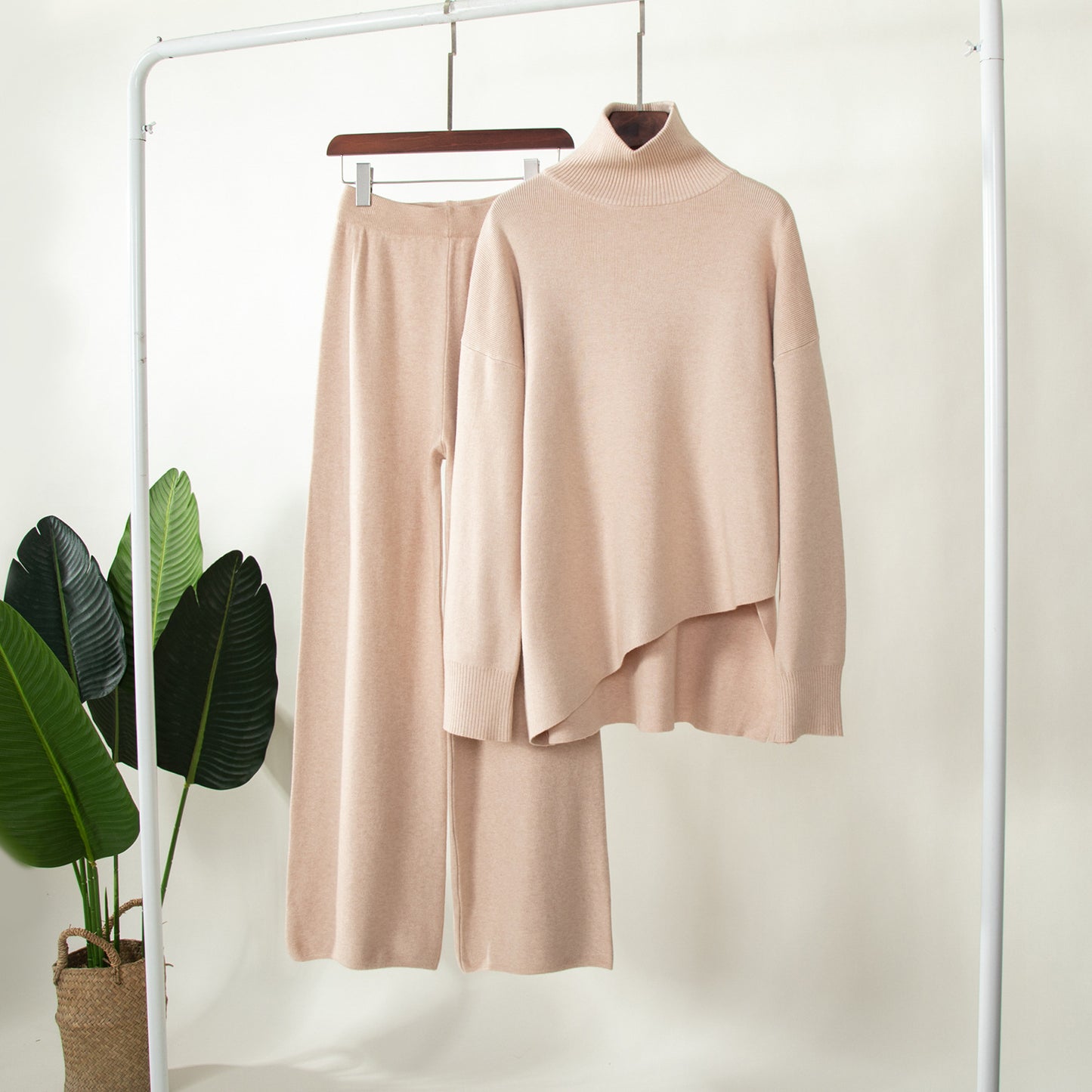 Casual Irregular Pullover Sweaters and Wide Legs Pants Outfits Sets