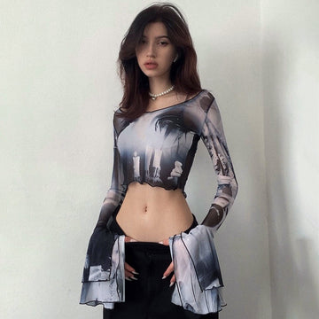 Summer Sexy Trumpet Sleeves Midriff Baring Women Shirts