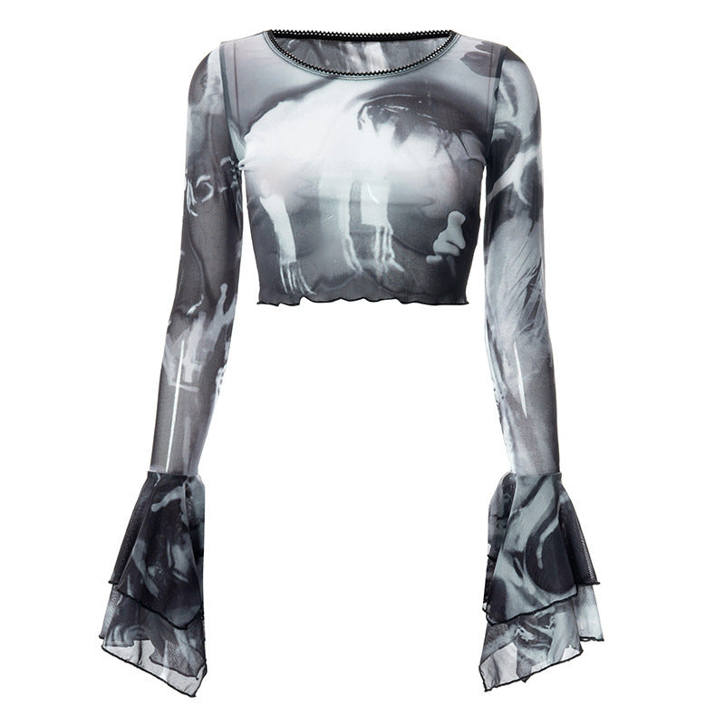 Summer Sexy Trumpet Sleeves Midriff Baring Women Shirts