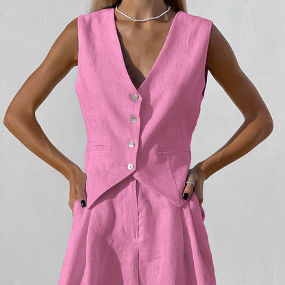 Designed Linen Cotton Summer Sleeveless Tops and Shorts Sets