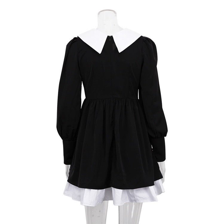 Designer Doll-Collar Cinched-Waist Slimming Little Black Dress