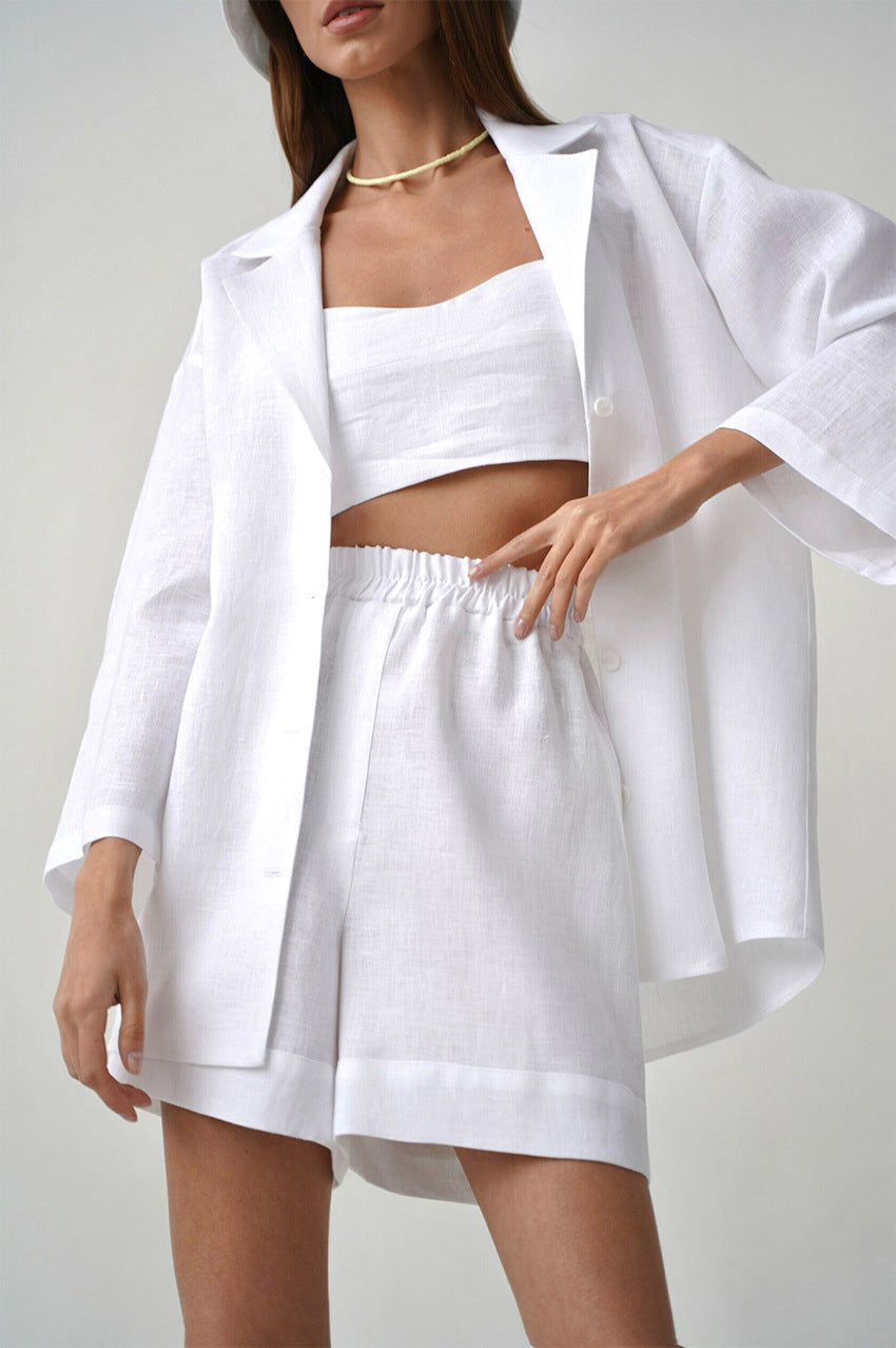 Summer Cotton Long Sleeves Shirts and Shorts Suits