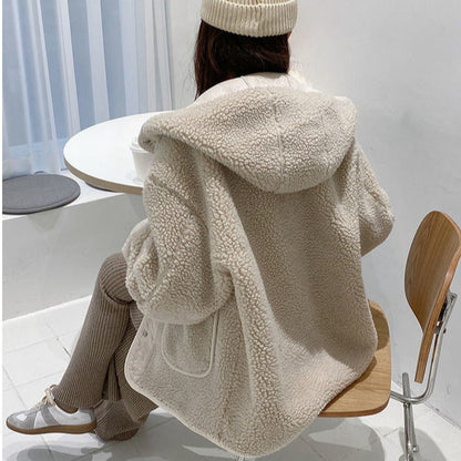 Fashion Women Lamb Wool Thickened Hooded Coats