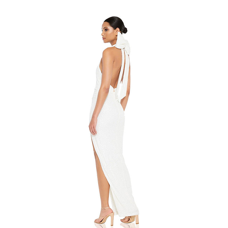 Sexy Sequined Halter Bow Evening Party Dresses