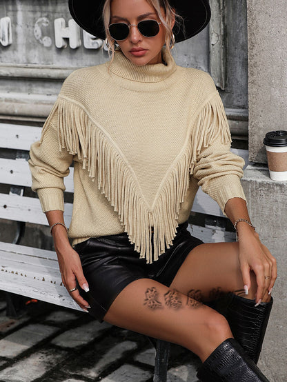Fashion Tassels Knitted Turtle Neck Sweaters for Women