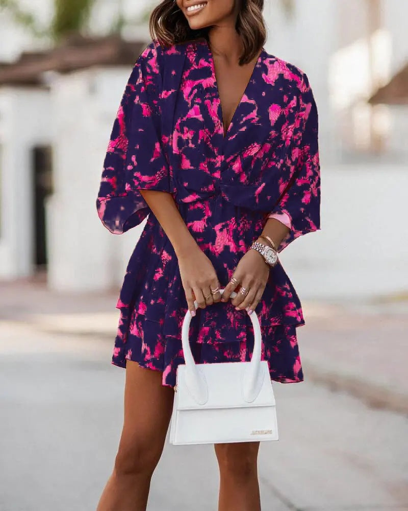 Casual V Neck Bat Sleeves Short Dresses