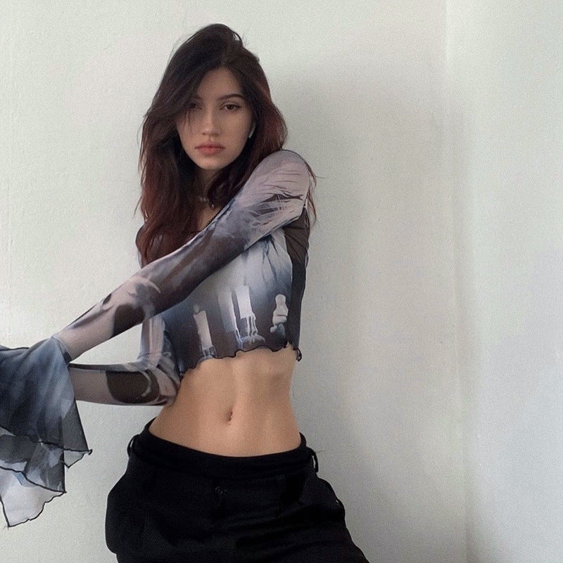 Summer Sexy Trumpet Sleeves Midriff Baring Women Shirts