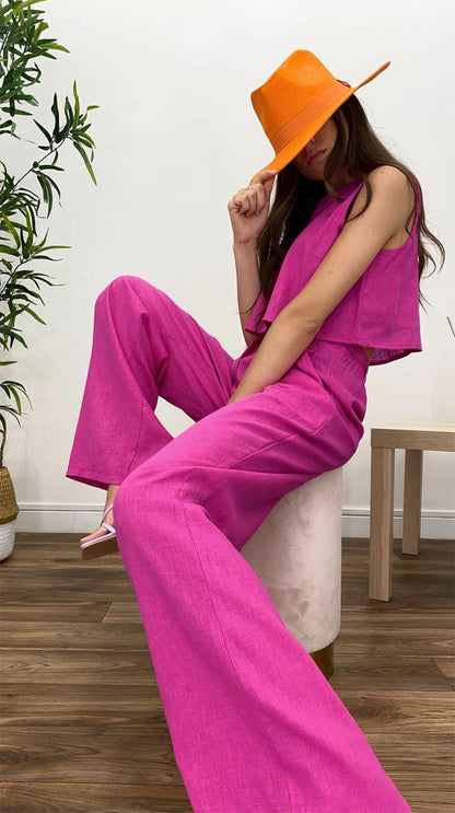 Casual Cotton Linen Sleeveless Tops & Wide Legs Pants
