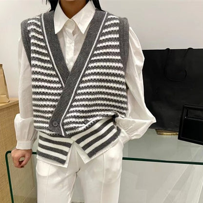 Vintage Designed Striped Knitted Top Vest