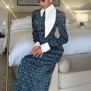 Designer Print Lapel Collar Bodycon Maxi Dress