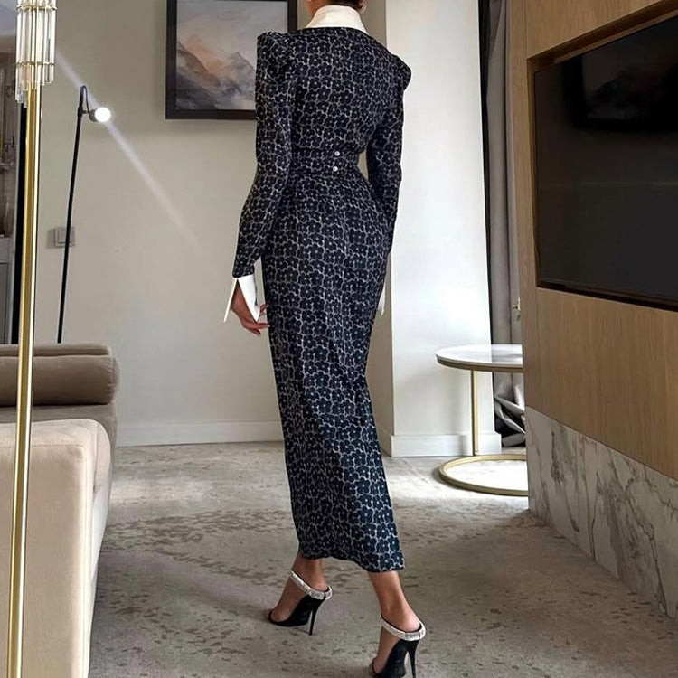 Designer Print Lapel Collar Bodycon Maxi Dress