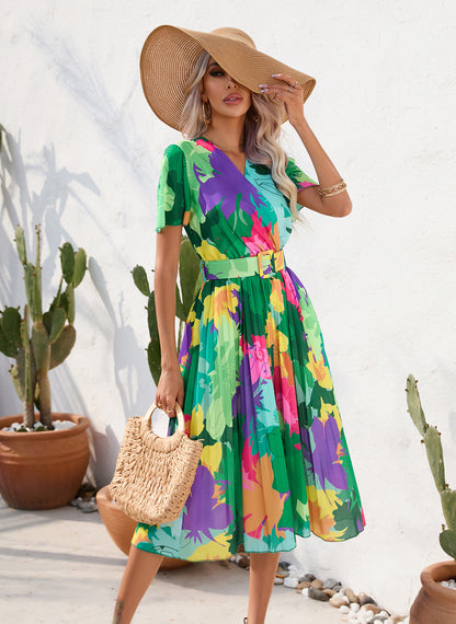 Summer Floral Print Short Sleeves Midi Dresses