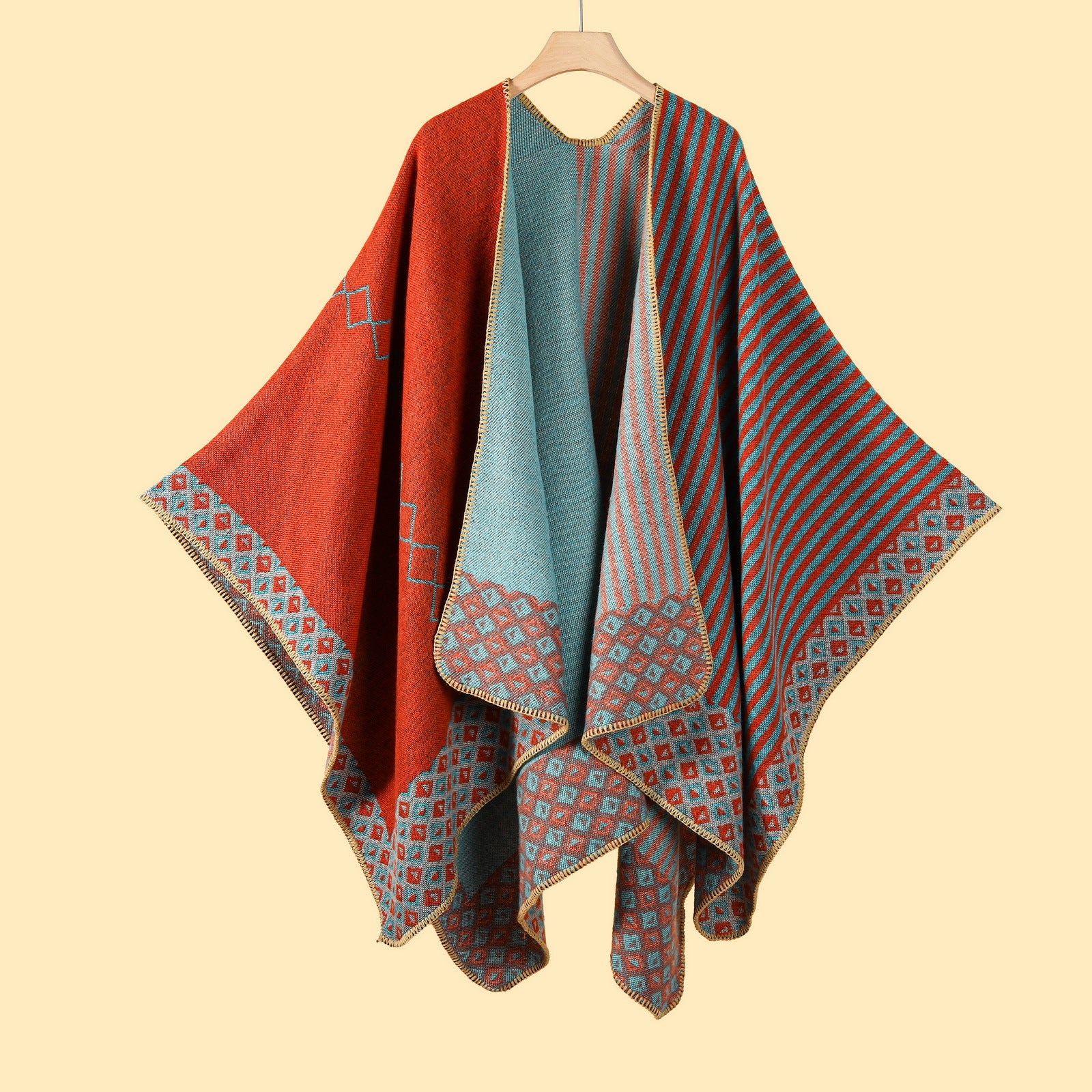 Women Literary Faux Wool Knitted Scarf Split Cloak for Traveling