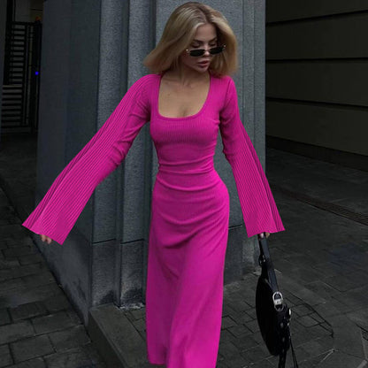 Sexy U Neck Back Lace Up Long Sleeves Dresses