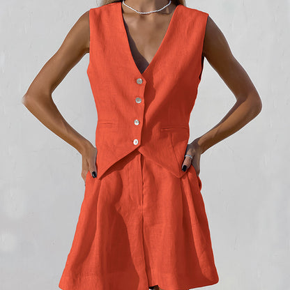 Designed Linen Cotton Summer Sleeveless Tops and Shorts Sets