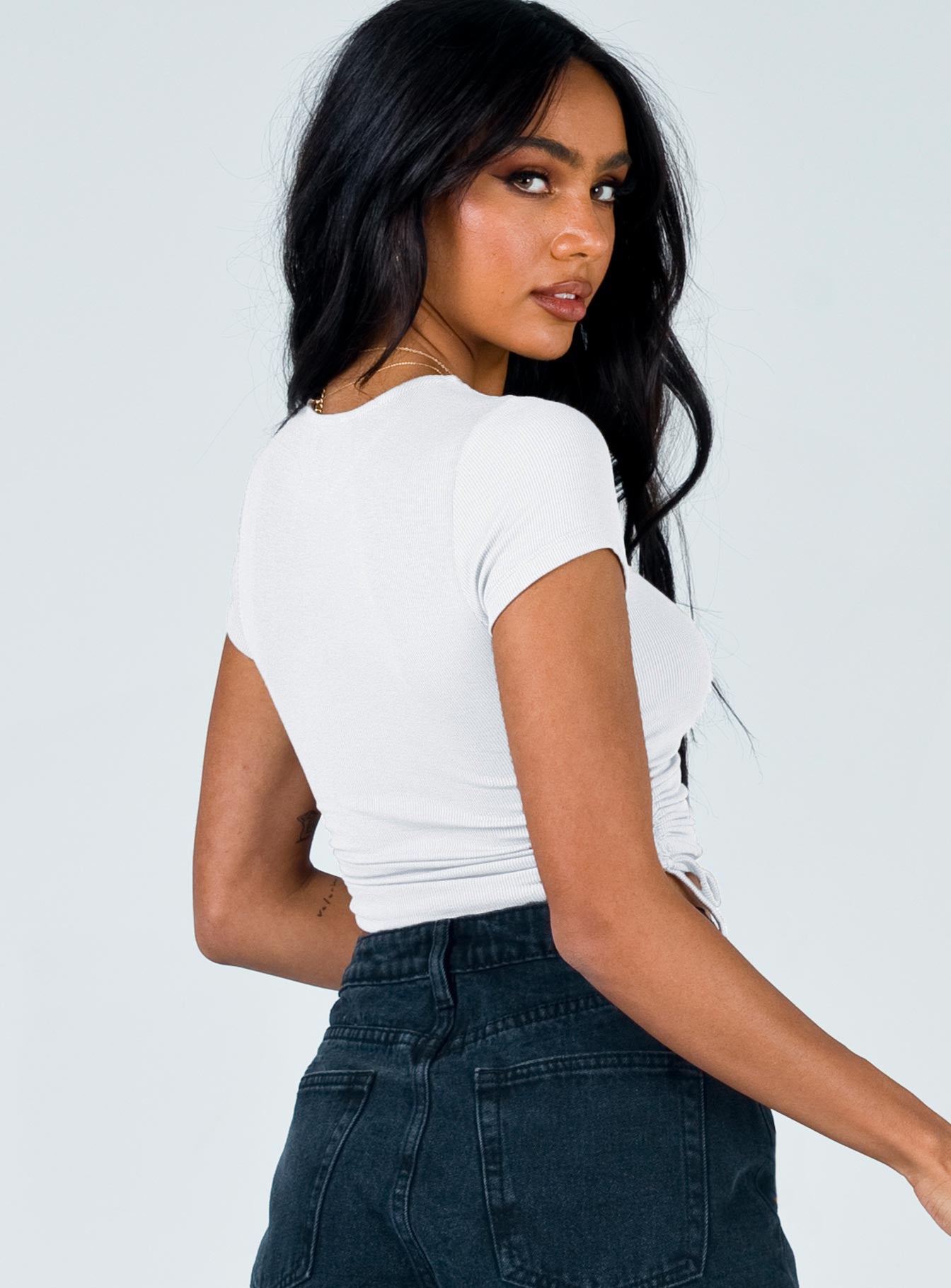 Sexy Round Neck Drawstring Midriff Baring Short Sleeves T Shirts