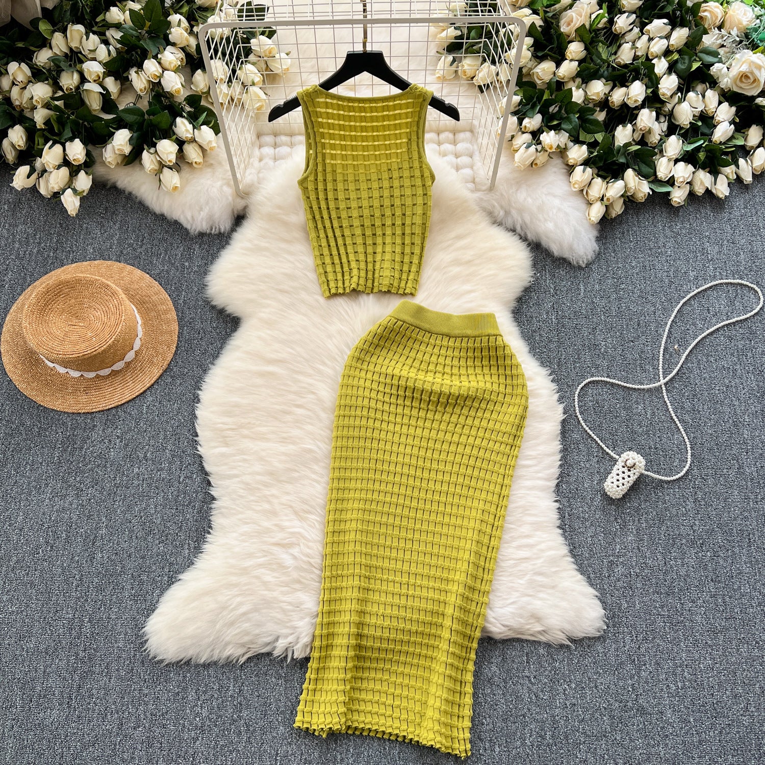 Sexy Summer Short Tank Tops & High Waist Knitted Skirts