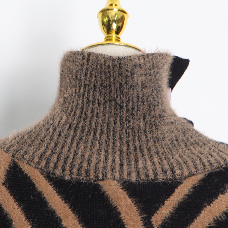Fashion Designed Stand Collar Long Sleeves Knitted Sweaters with Belt
