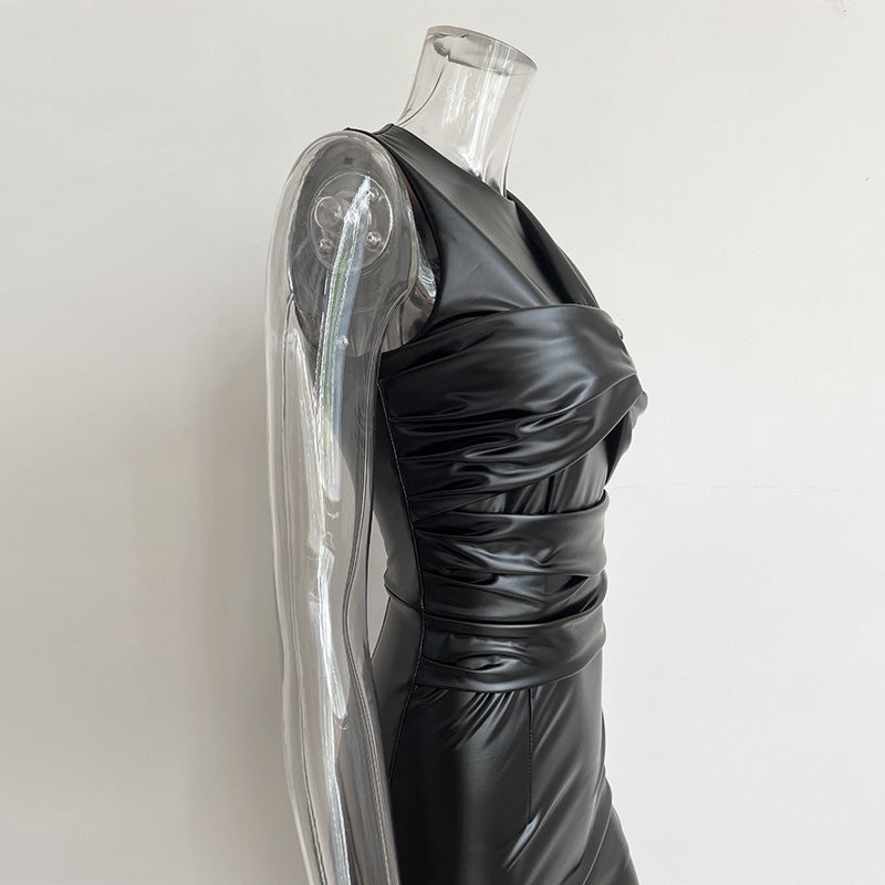 Vintage Irregular PU Leather Sleeveless Long Dresses