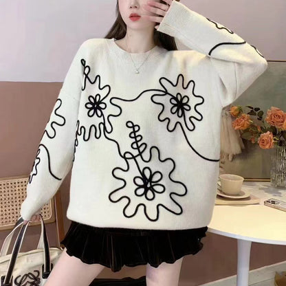 Fashion  3D Flowers Round Neck Knitted Sweaters