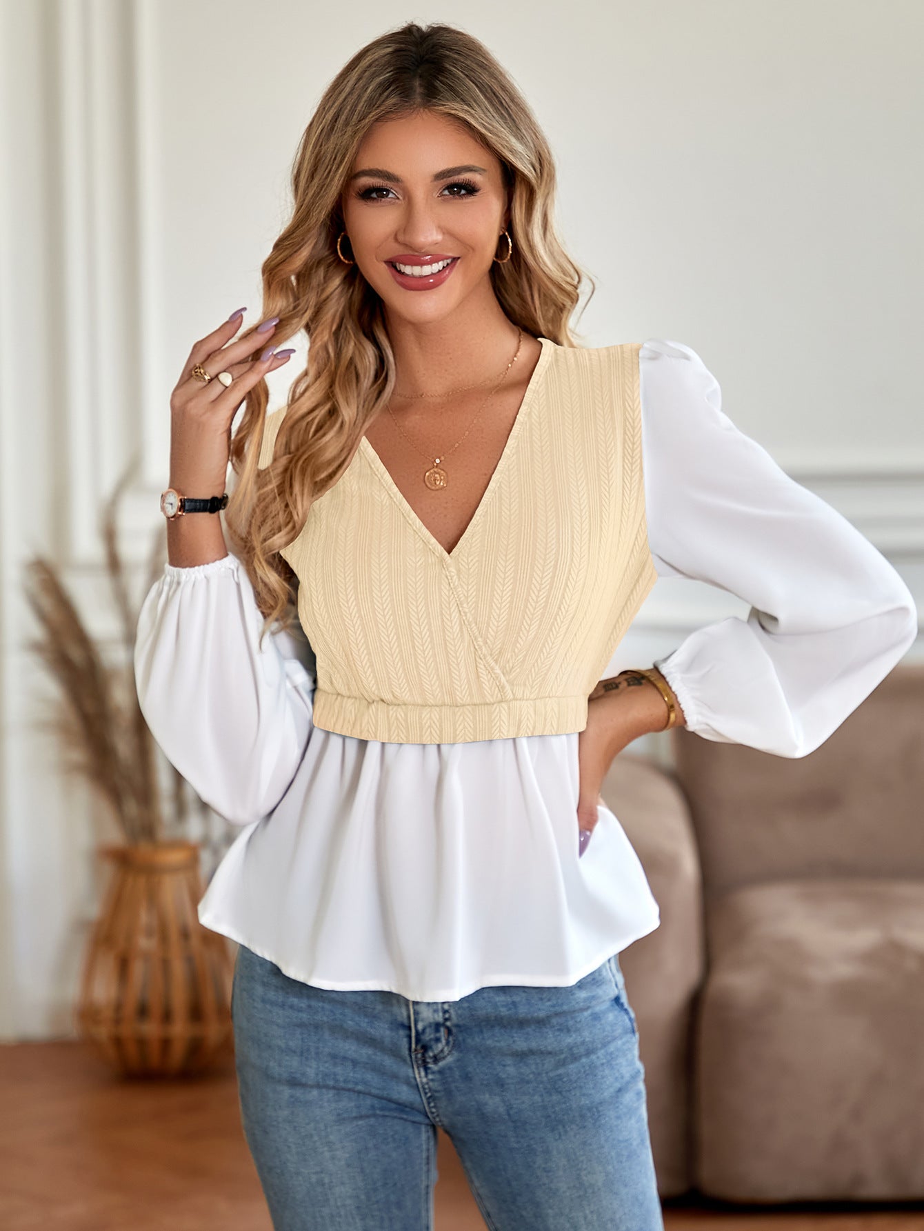 Casual V Neck Women Long Sleeves Fall Tops