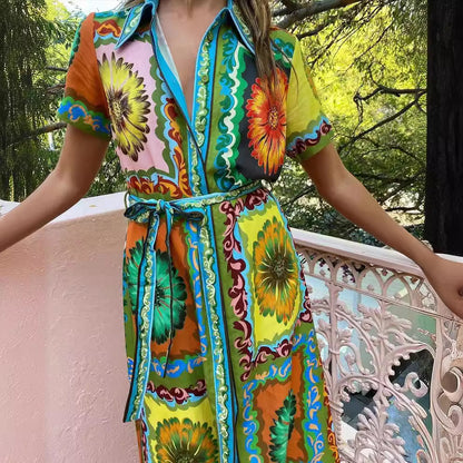 Fashion Printed Lace Up Long Dresses