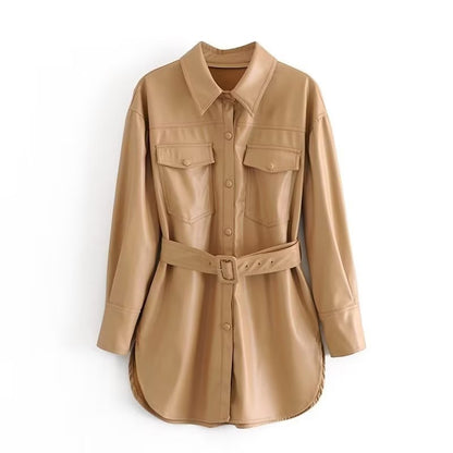Fashion Casual Pu Leather Jackets Coat with Belt
