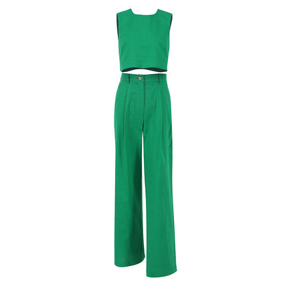 Casual Cotton Linen Sleeveless Tops & Wide Legs Pants