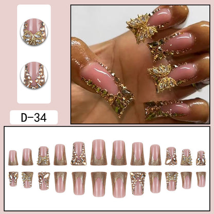 Golden Tiny Rhinestone Bow False Nails