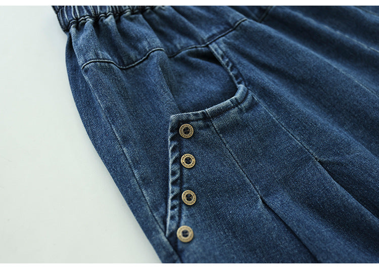 Casual Elastic Waist Fall Wide Legs Jeans for Women