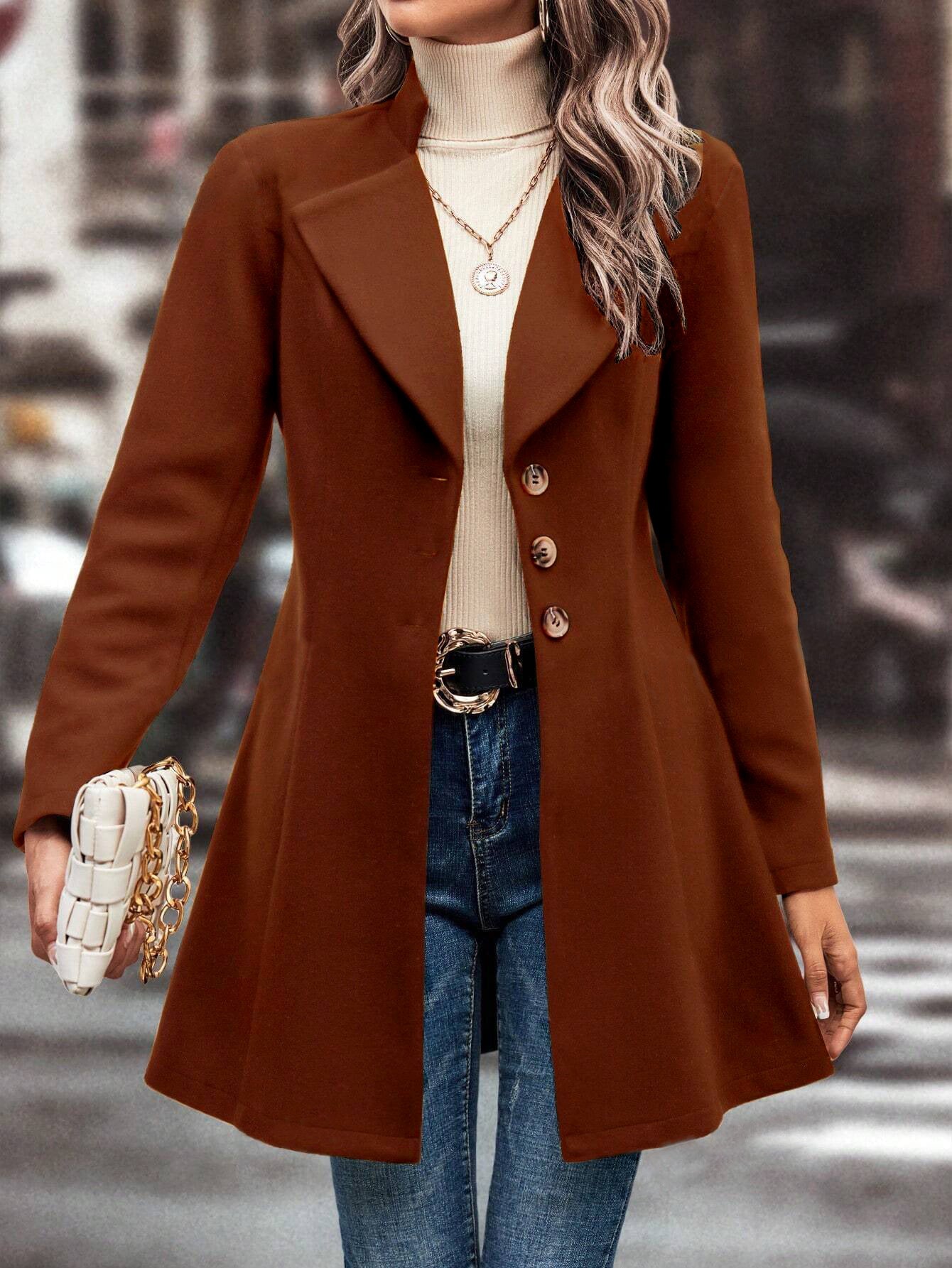 Women's Autumn and Winter Lapel Slim Woolen Solid Color Coat