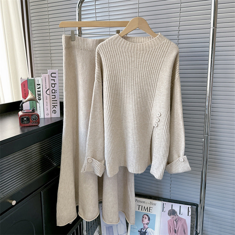 Casual Round Neck Knitted Sweaters & Split Front Skirts