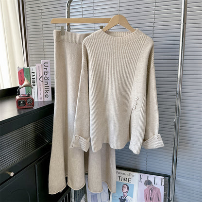 Casual Round Neck Knitted Sweaters & Split Front Skirts