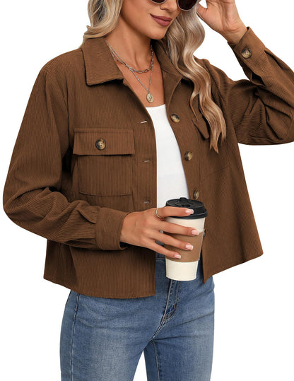 Women's Fashion Casual Short Shirt Corduroy Button-up Top Jackets